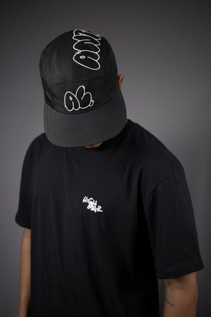 Minimalist fashion portrait of a man wearing a black cap and t-shirt in studio setting.