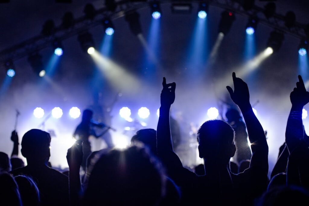 Silhouetted audience enjoying a live band performance with dramatic lighting at night.