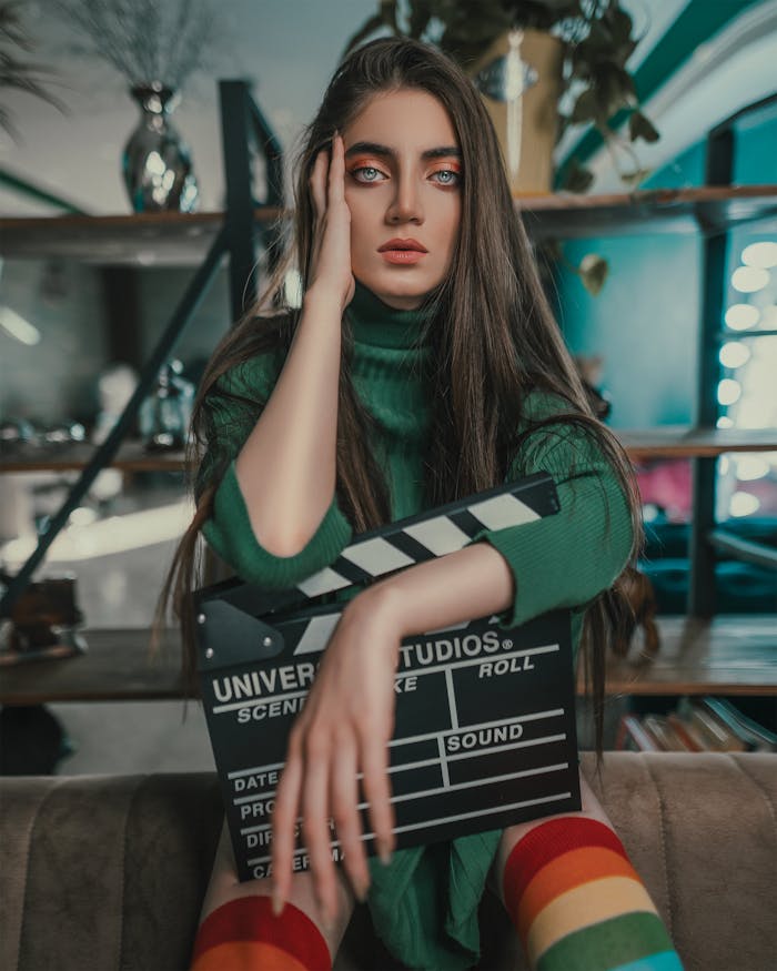 Striking portrait of a model with vibrant makeup and rainbow socks holding a clapperboard indoors.